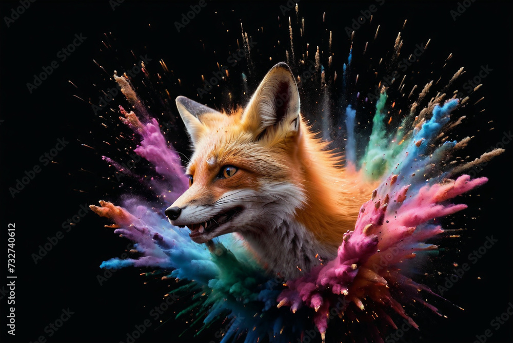 red fox head in a splash explosion of colors, variegated paint burst