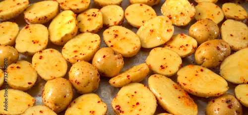 Roasted potato on plate. Homemade cooking fresh baked potato, serving food for restaurant, menu, advert or package, close up, selective focus