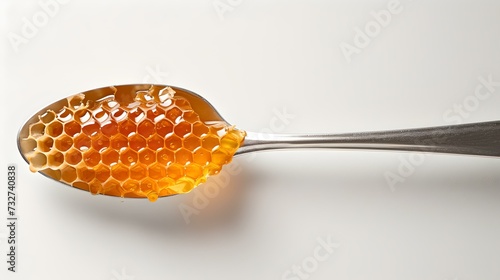 Close-up of a stainless steel spoon filled with fresh golden honeycomb. perfect for healthy eating themes. minimalist food photography. AI