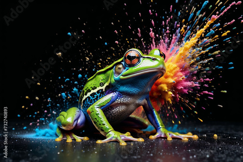 green frog in a splash explosion of colors, variegated paint burst