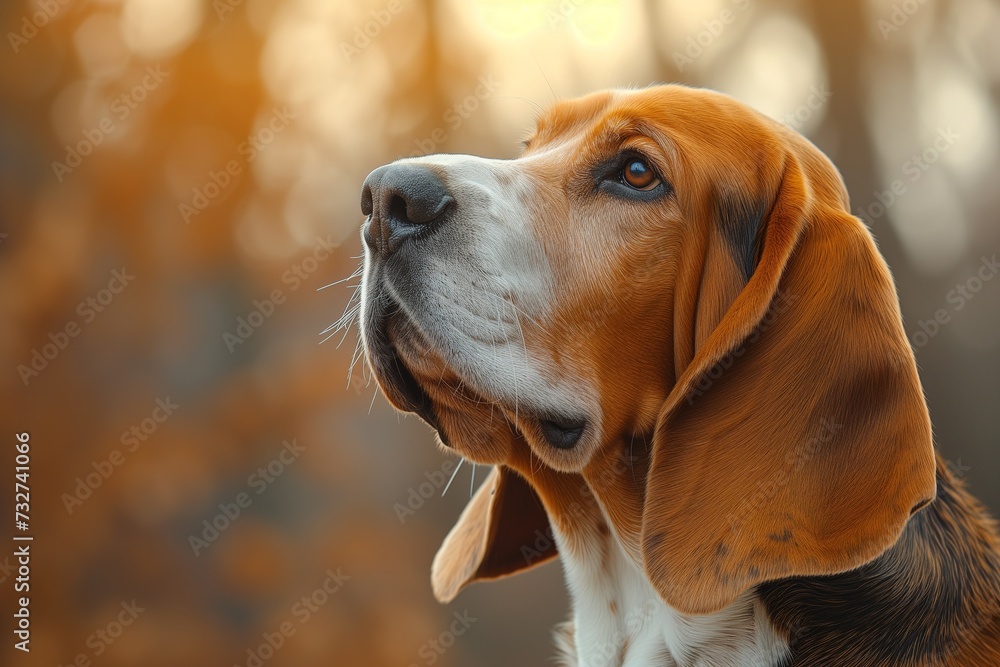 A detailed image of a dogs face in close-up, set against a backdrop of trees.