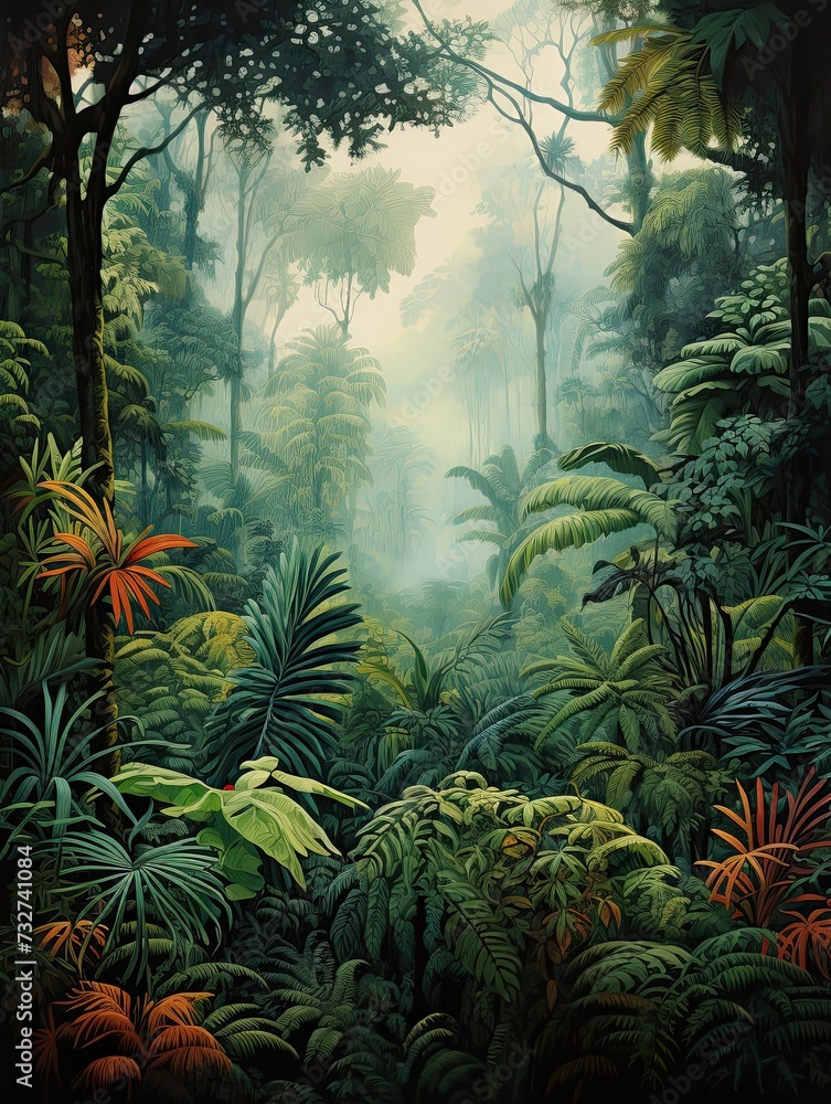 Misty Rainforest Tropical Nature Scene | Jungle Canopy Art Print - obrazy, fototapety, plakaty 