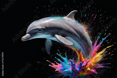 dolphin in a splash explosion of colors, variegated paint burst