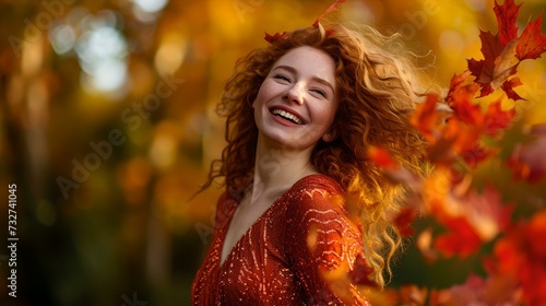 Joyful woman in autumn season, vibrant colors and happiness visible. ideal for seasonal themes. AI