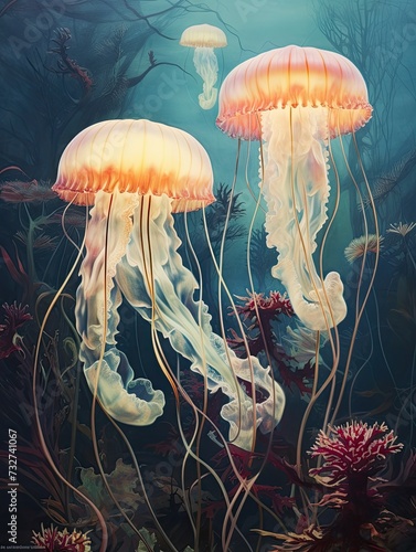 Jellyfish Canvas: Luminescent Oceans Meet Vintage Sea Art © Michael