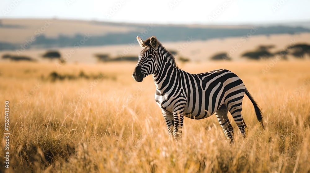 Naklejka premium Majestic zebra standing in golden savannah fields during sunset. striking wildlife photography. ideal for nature-based designs. AI
