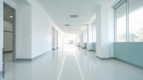 White blur office building, healthcare clinic, hospital or school background interior view looking out toward to empty lobby