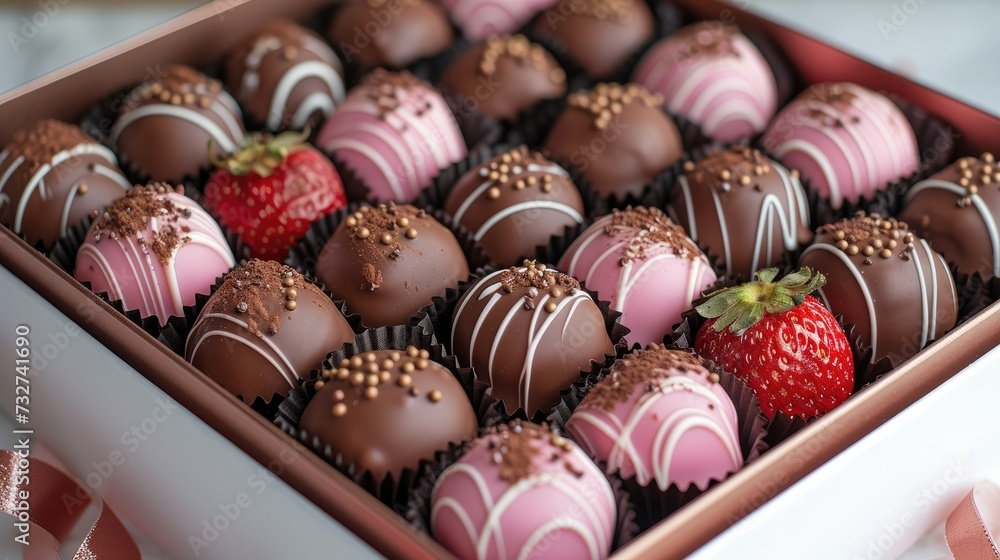 A box of chocolate covered strawberries with a ribbon. Generative AI.