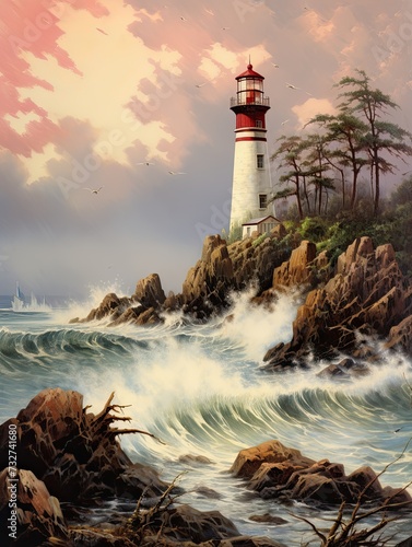 Lighthouse Landscape Vintage Art - Coastal Print Nature Artwork