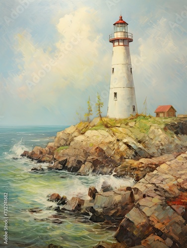 Lighthouse Landscape Vintage Painting: Seaside Print, Nature Artwork