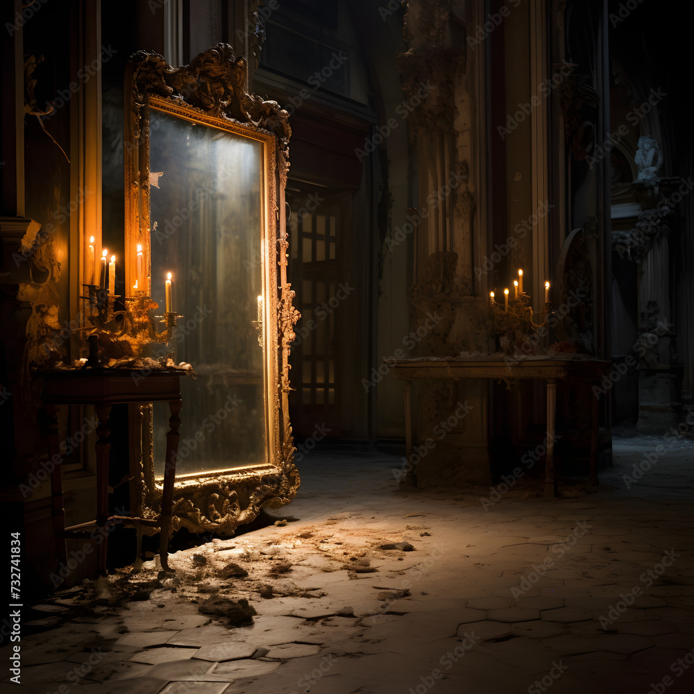 antique mirror in the room, magic mirror dreamy fantasy, antique mirror room with candles