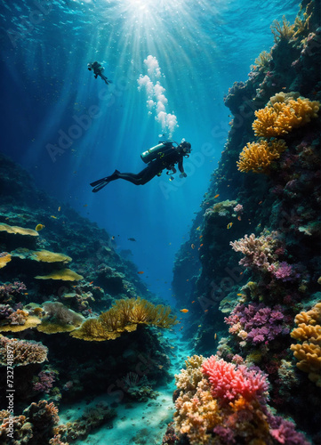 Wallpaper Mural View from the bottom of the ocean. A diver at the bottom of the ocean among colorful corals. Created with the help of artificial intelligence Torontodigital.ca