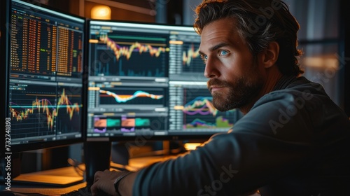 Man trading stock in front of computer. Trading online. Generative AI.