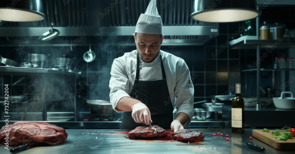 Chef prepares steak in modern kitchen Chef prepares steak in modern kitchen