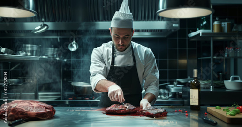 Chef prepares steak in modern kitchen