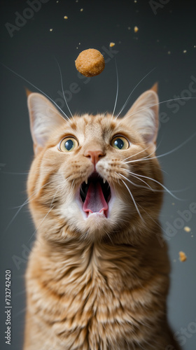 A cat is trying to catch the food in the air. A cat opens its mouth wide and following pet food in the air and attending to catch it.  © Mrt