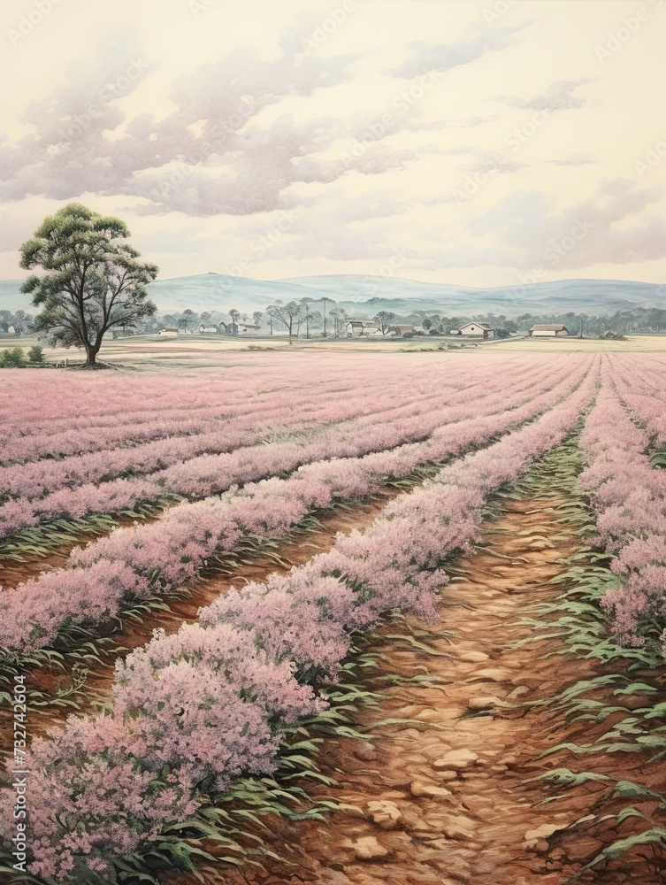Lilac Fields Wall Art: Blooming Vintage Print for a Modern Landscape