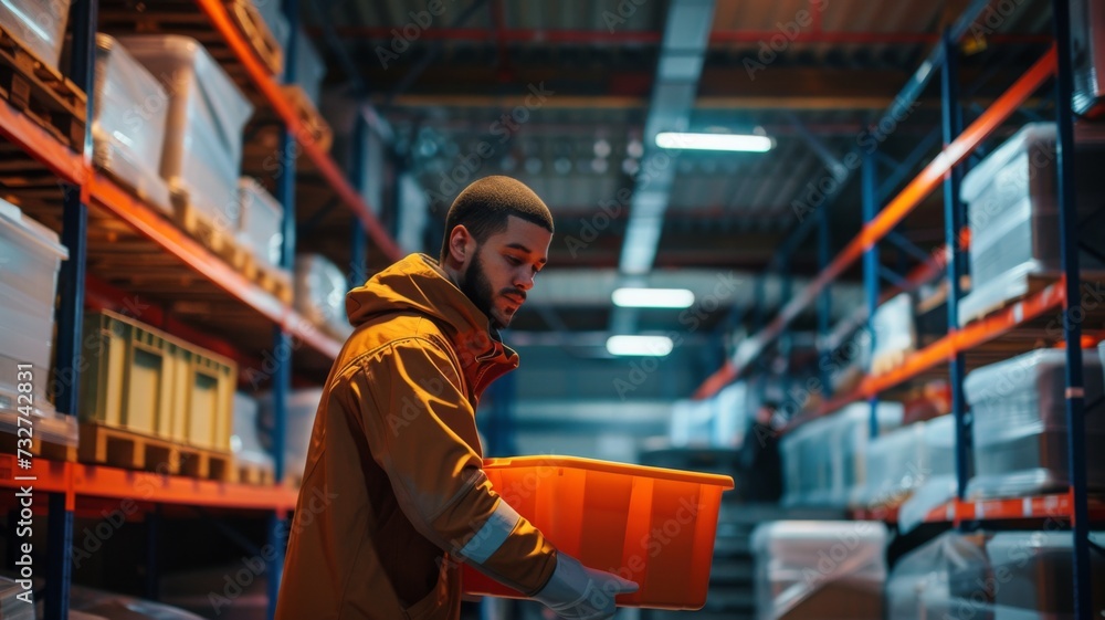 Warehouse worker in a reflective jacket holding an orange crate amidst shelves Warehouse worker in a reflective jacket holding an orange crate amidst shelves