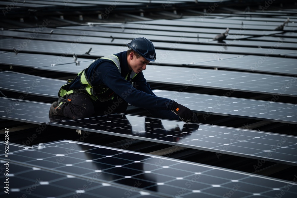 Focused worker inspecting solar panels at a renewable energy farm Focused worker inspecting solar panels at a renewable energy farm
