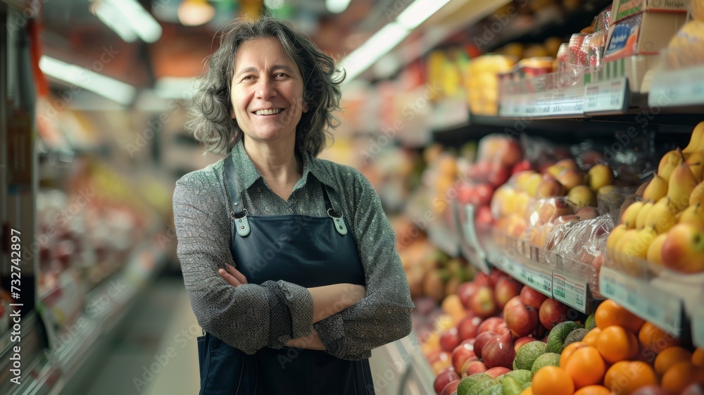 Smiling mature woman wearing an apron stands confidently in the produce section of a supermarket.