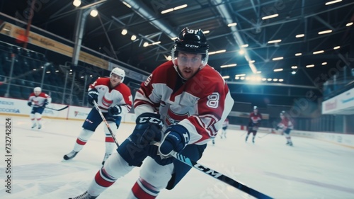 Dynamic shot of a hockey player during a training session on a professional ice rink