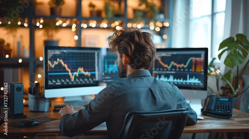 A trader looking at trade graphs on his computer in a modern office. Generative AI.