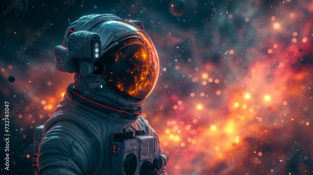 Profile of an astronaut gazing into a star-filled visor against a cosmic backdrop, evoking wonder and exploration. Profile of an astronaut gazing into a star-filled visor against a cosmic backdrop, evoking wonder and exploration.