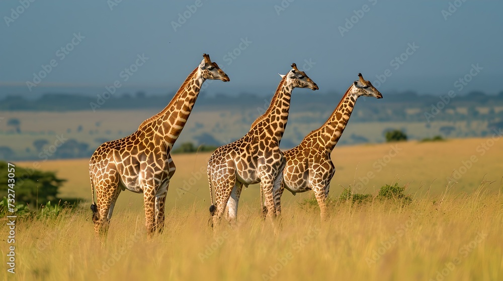 Obraz premium Three giraffes roaming the vast african savannah at sunset, capturing the wild elegance. serene nature scene. AI