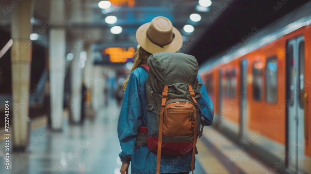 Back view of a traveler with a backpack waiting on a subway platform Back view of a traveler with a backpack waiting on a subway platform