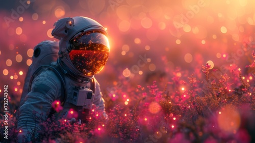 Astronaut kneeling among pink flowers with a reflection of the cosmos in the helmet visor, a surreal blend of nature and space.