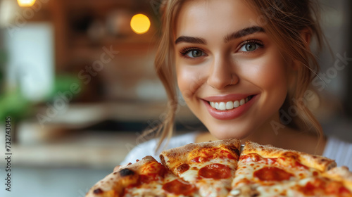 smiling happy young woman eating a slice of pizza with pleasure on a colored background, space for text, food, delivery, delicious meal, portrait, Italian cuisine, girl, banner