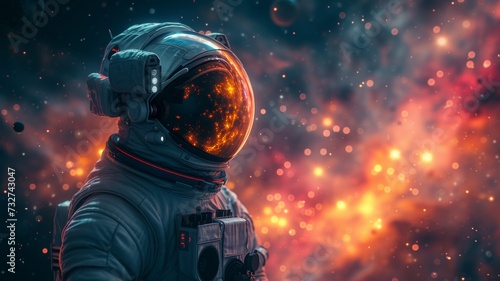 Profile of an astronaut gazing into a star-filled visor against a cosmic backdrop, evoking wonder and exploration.