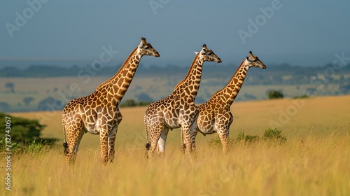 Three giraffes roaming the vast african savannah at sunset, capturing the wild elegance. serene nature scene. AI