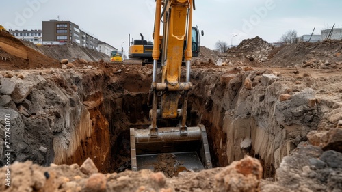 Close-up view of an excavator bucket digging deep into the earth at a construction site, amidst piles of soil and rock.