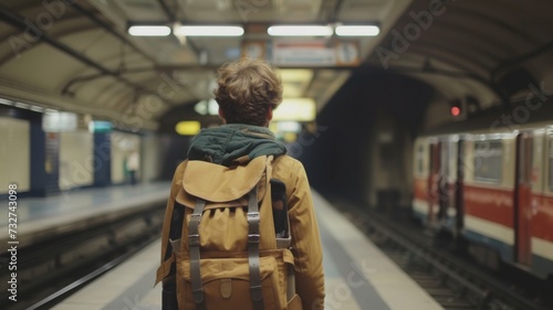 Rear view of a person with a backpack standing at a quiet train station