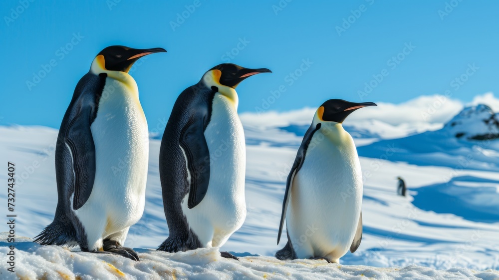 Fototapeta premium Three Emperor Penguins standing together on the snowy Antarctic landscape