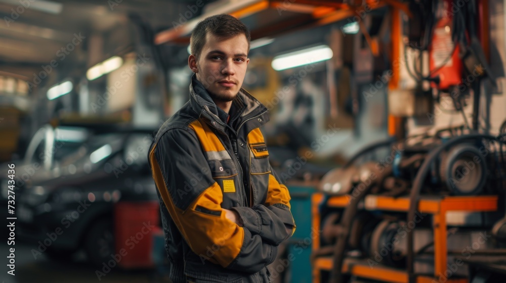 Confident mechanic with arms crossed standing in an auto repair workshop Confident mechanic with arms crossed standing in an auto repair workshop