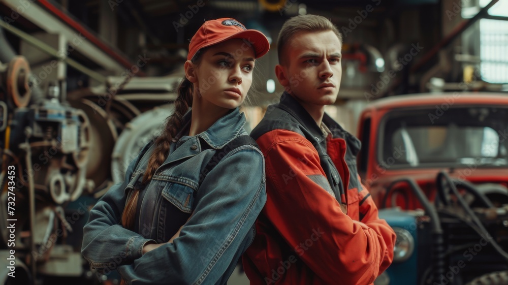Confident male and female mechanics in a workshop with a vintage car Confident male and female mechanics in a workshop with a vintage car