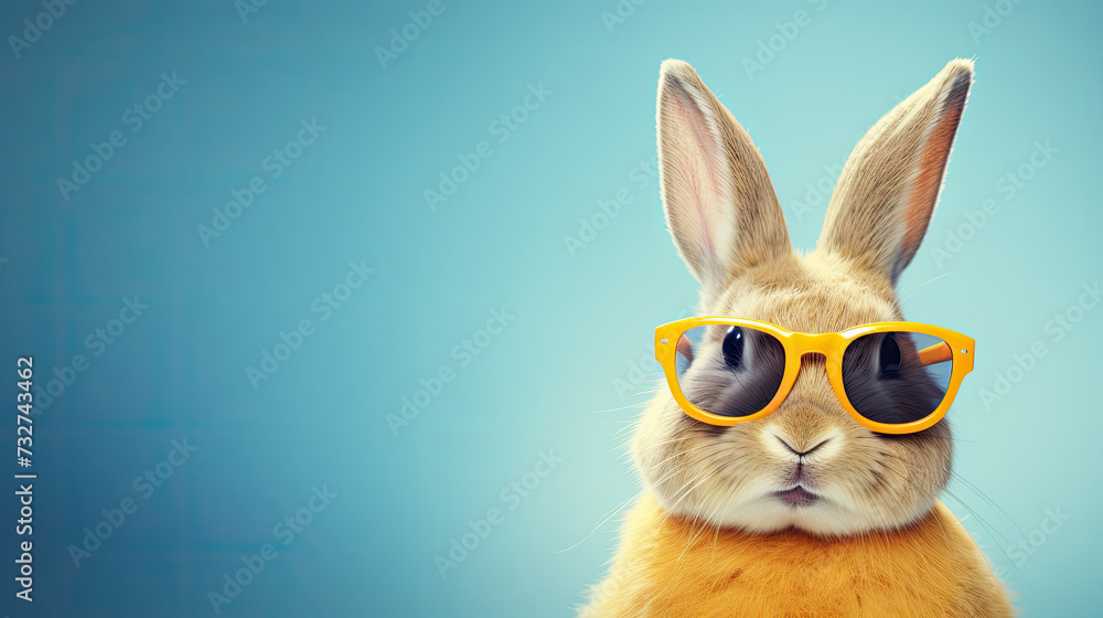 Rabbit with glasses. Close-up portrait of a rabbit. Anthopomorphic creature. A fictional character for advertising and marketing. Humorous character for graphic design.