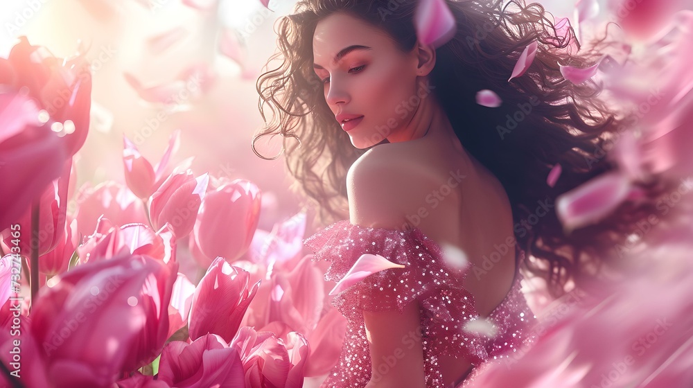 Enchanting young woman amongst pink tulips, dreamy fantasy portrait. elegantly dressed, ethereal beauty in springtime. AI