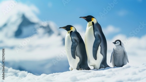 Family of Emperor Penguins with a chick on the Antarctic ice