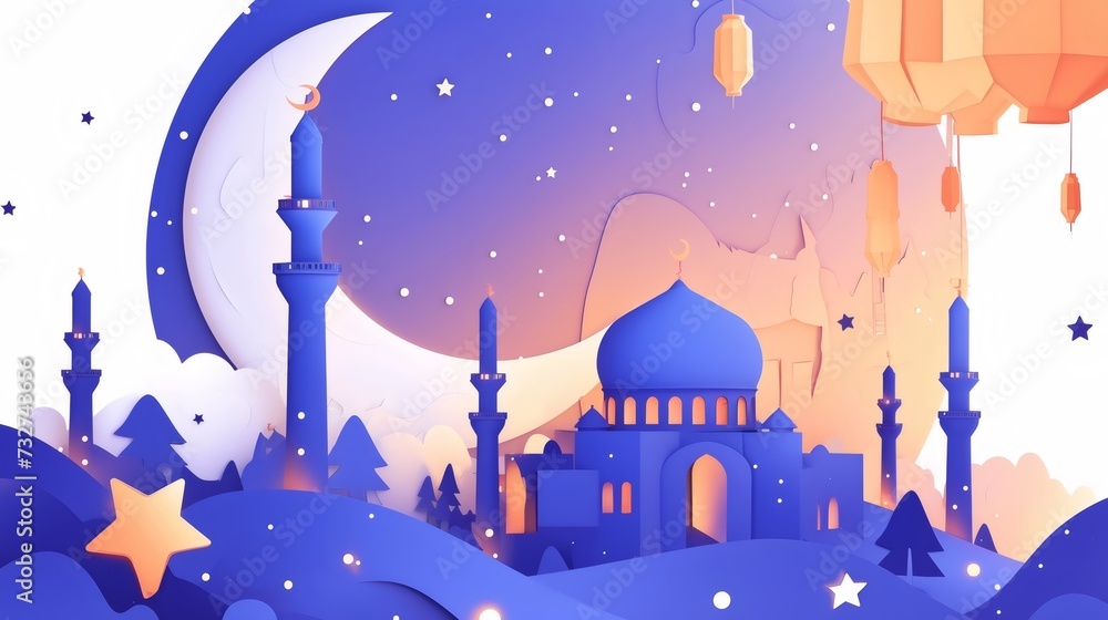 Naklejka premium ramadan greeting card and psoter with mosque moon and star. islam festival holiday celebration