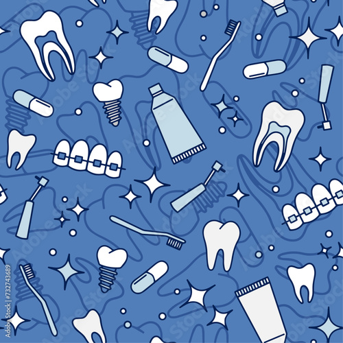vector seamless pattern dental dentist oral hygiene, teeth, toothbrush and toothpaste, braces and dental implants, background for dental clinics and corporate identity