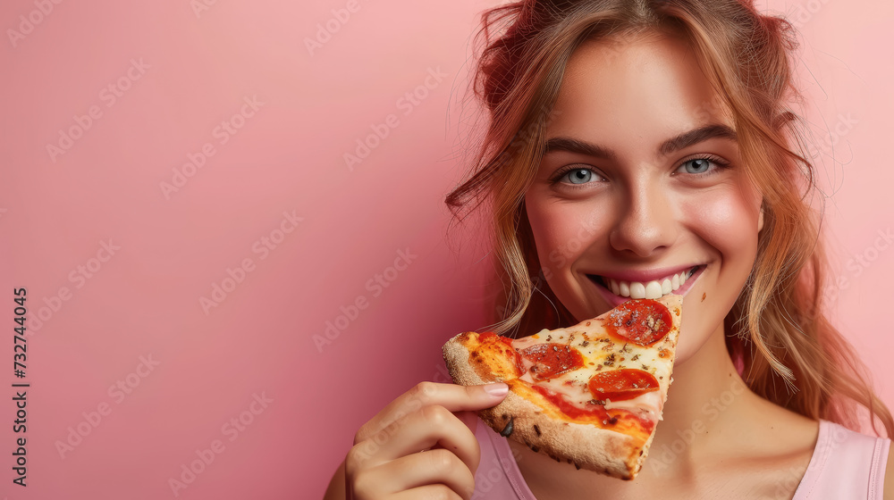 smiling happy young woman eating a slice of pizza with pleasure on a colored background, space for text, food, delivery, delicious meal, portrait, Italian cuisine, girl, banner