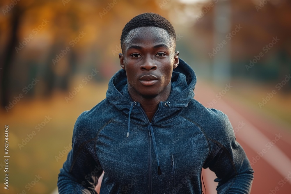 A young black man is running along the road. The concept of a healthy lifestyle A young black man is running along the road. The concept of a healthy lifestyle