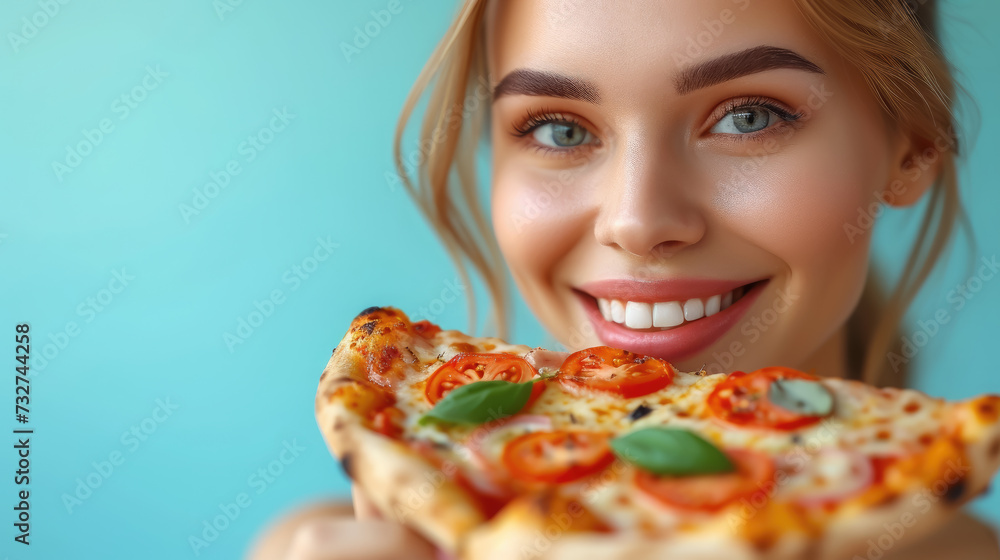 smiling happy young woman eating a slice of pizza with pleasure on a colored background, space for text, food, delivery, delicious meal, portrait, Italian cuisine