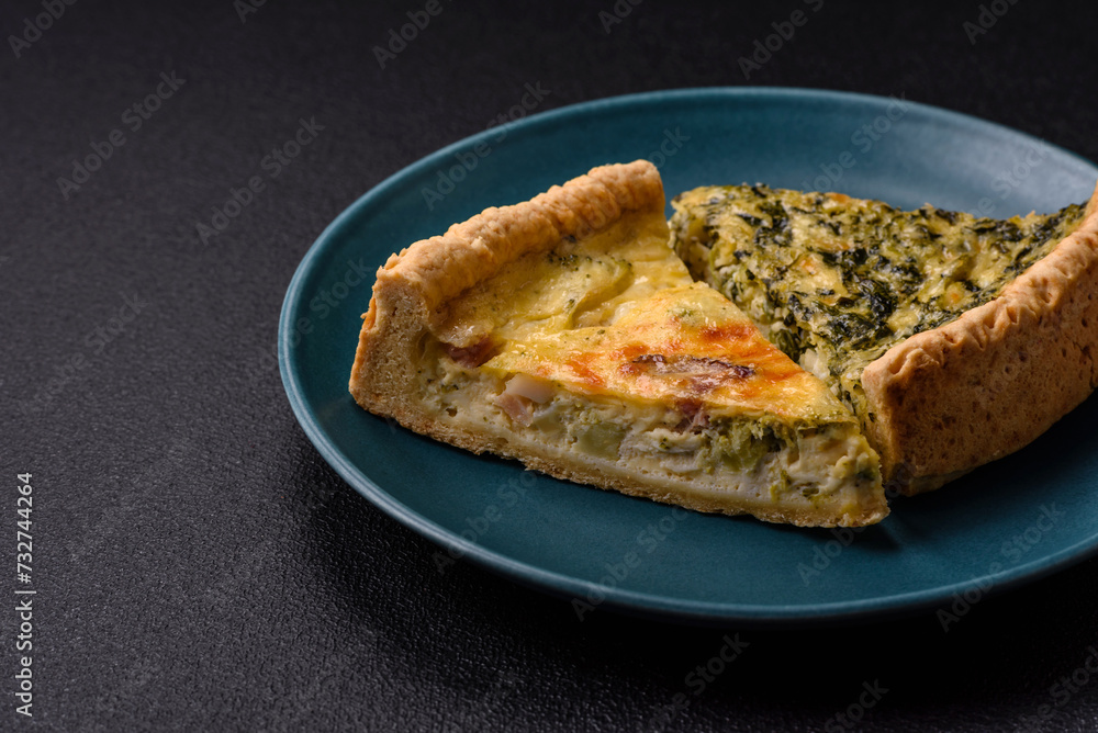 Delicious crispy quiche cut into slices with cheese, broccoli, tomatoes