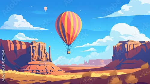 a hot air balloon flying over monument valley, in cartoon 