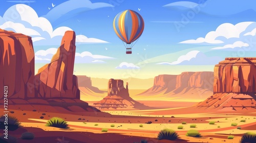 a hot air balloon flying over monument valley, in cartoon 