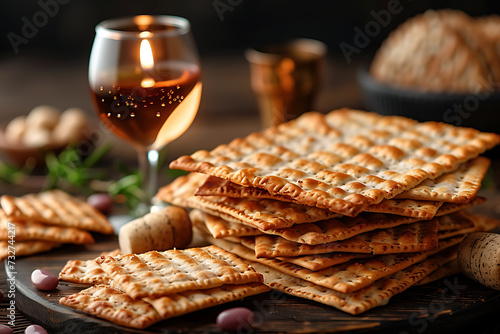 Canvastavla Matzah Jewish holiday bread and glass of wine, Passover celebration concept